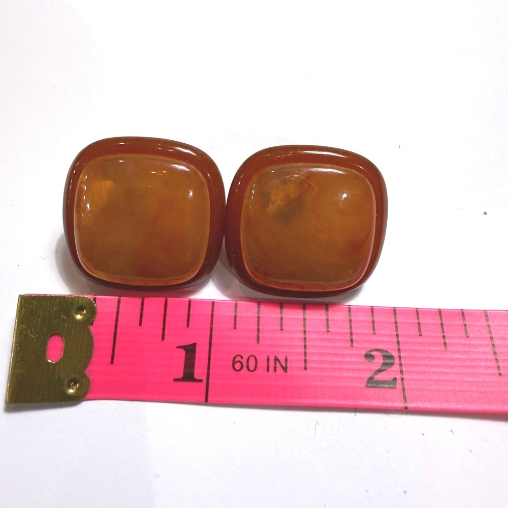 Vintage Avon Amber Cognac Marbled Square Stud Earrings Mid Century Modern Retro